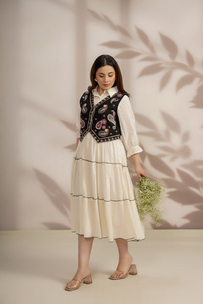 Elegant Cotton Midi Dress with Embroidered Jacket