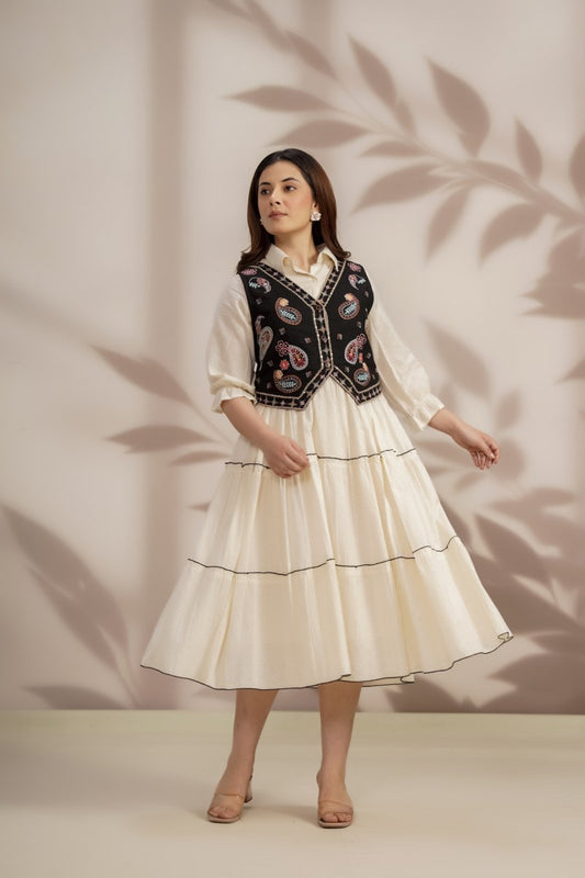 Elegant Cotton Midi Dress with Embroidered Jacket