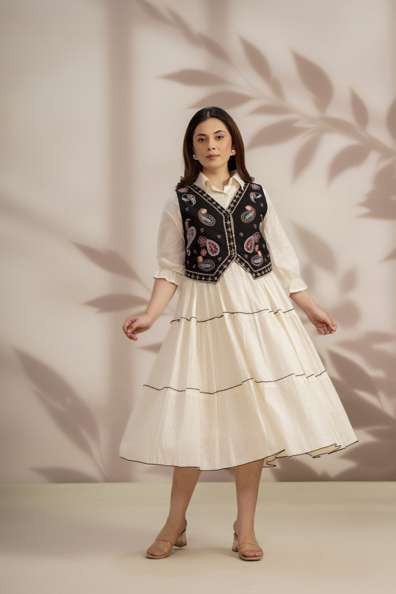 Elegant Cotton Midi Dress with Embroidered Jacket