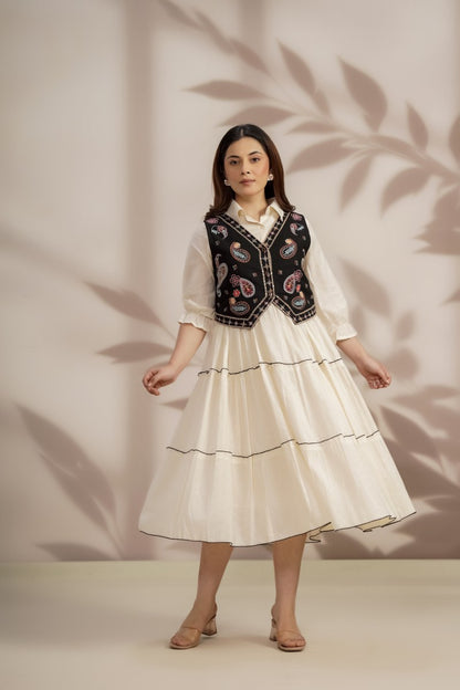 Elegant Cotton Midi Dress with Embroidered Jacket