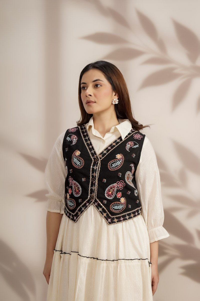 Elegant Cotton Midi Dress with Embroidered Jacket