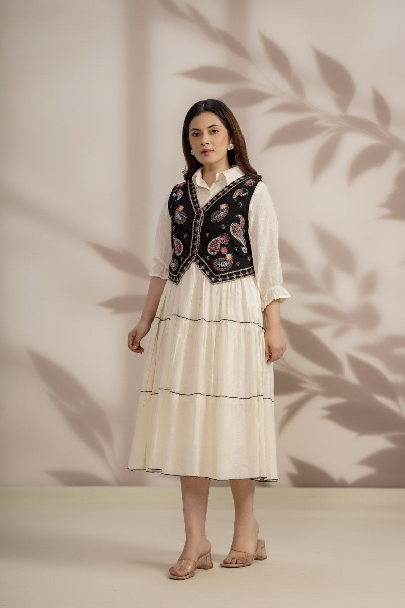 Elegant Cotton Midi Dress with Embroidered Jacket