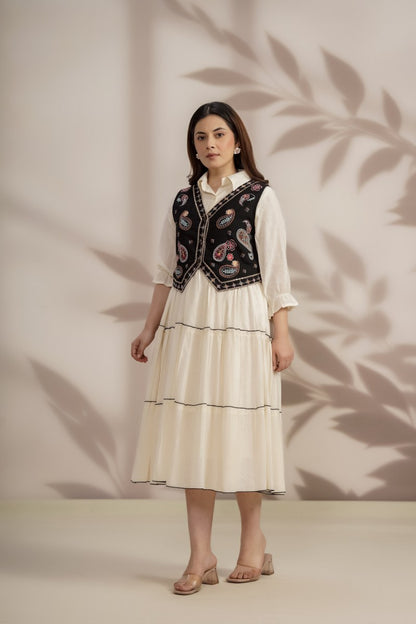 Elegant Cotton Midi Dress with Embroidered Jacket