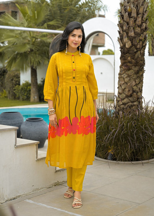 Elegant Mustard Yellow Printed Kurta Set for Women