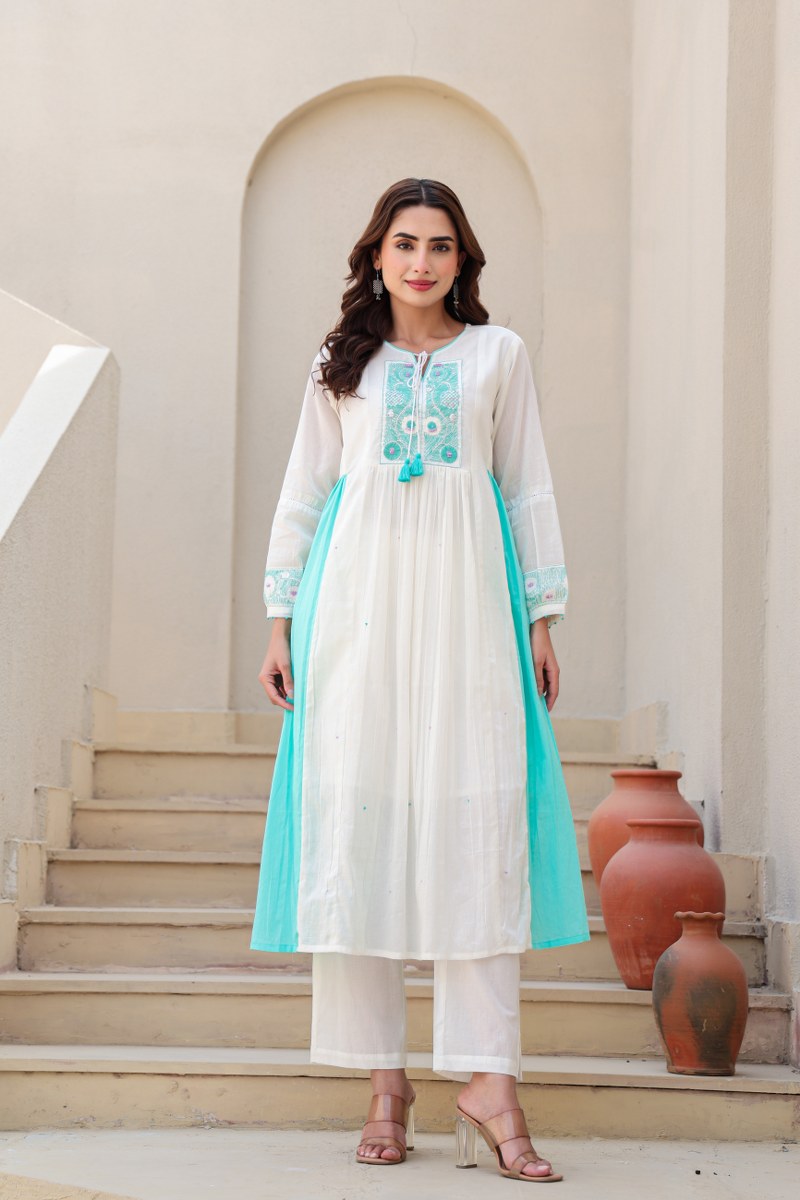 elegant white and aqua kurta set, designed for modern women