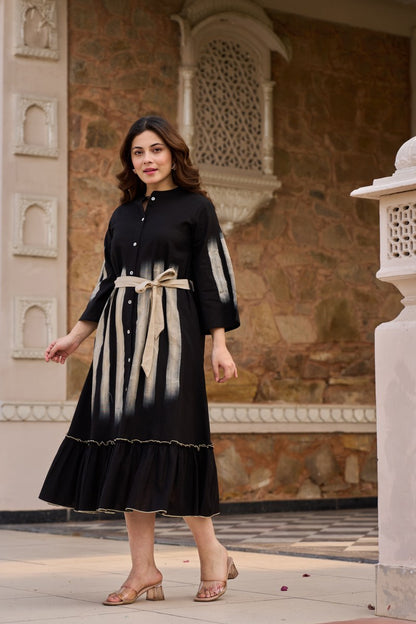 Stylish Black Cotton Midi Dress with Tie-Dye Panel & Belt