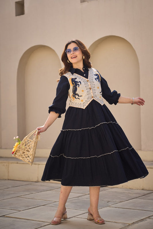 Elegant Cotton Midi Dress with Embroidered Jacket