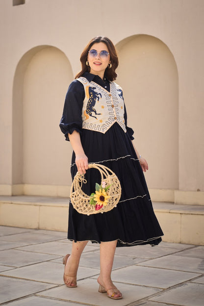 Elegant Cotton Midi Dress with Embroidered Jacket