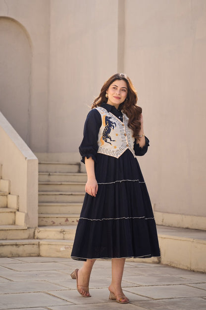 Elegant Cotton Midi Dress with Embroidered Jacket
