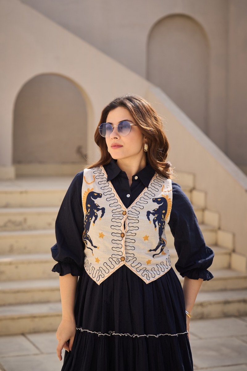 Elegant Cotton Midi Dress with Embroidered Jacket