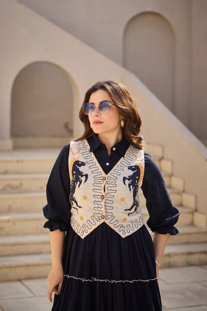 Elegant Cotton Midi Dress with Embroidered Jacket