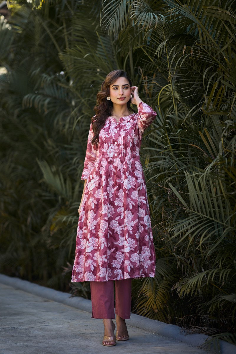 Women’s Pink Floral Printed Cotton Kurta Set