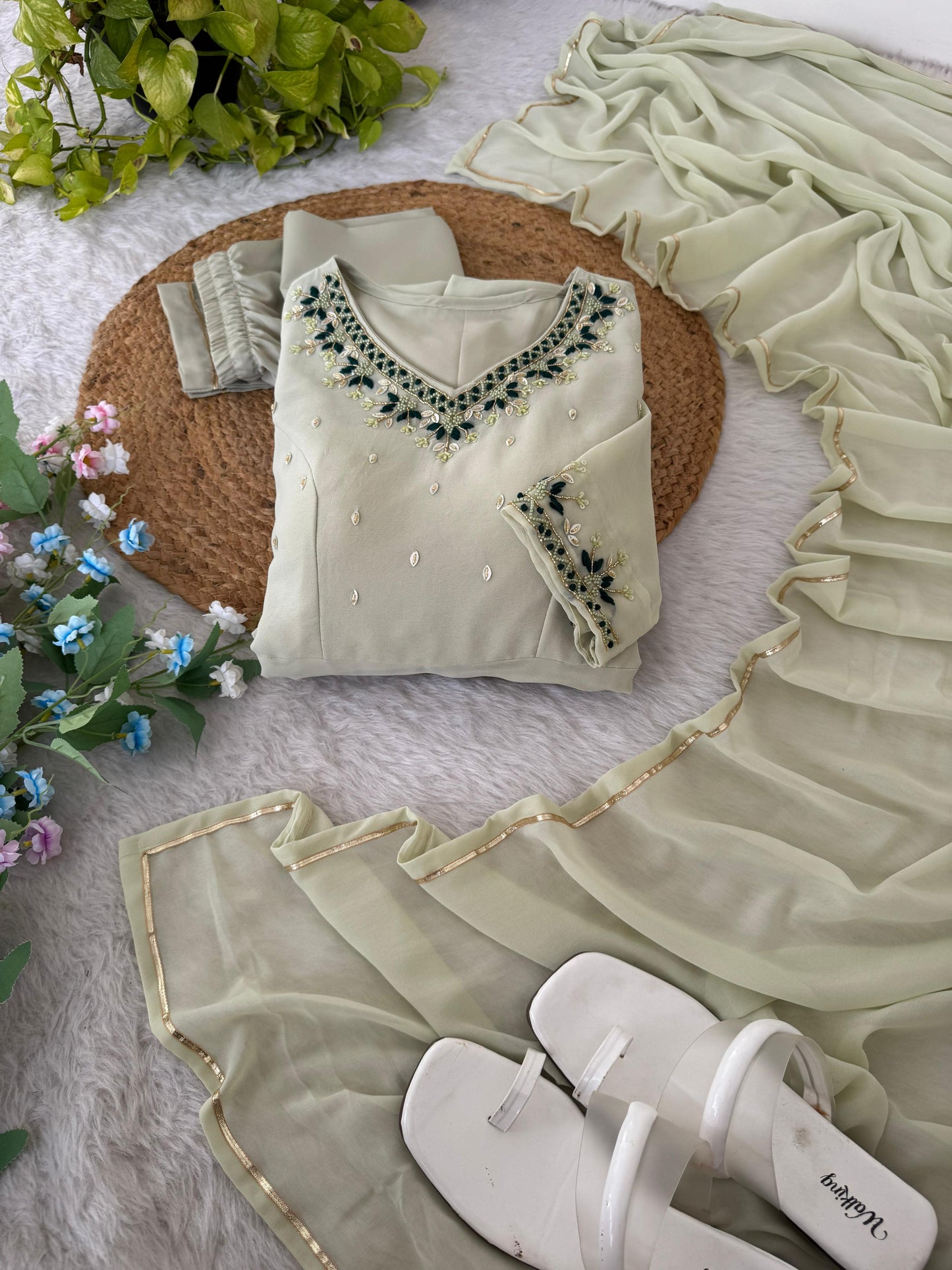 off white Anarkali with hand work