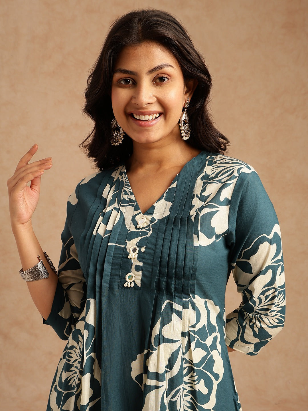 Teal Floral Printed Kurta Set for Women