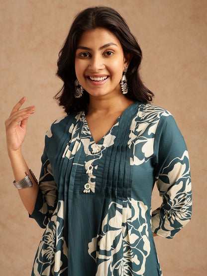 Teal Floral Printed Kurta Set for Women