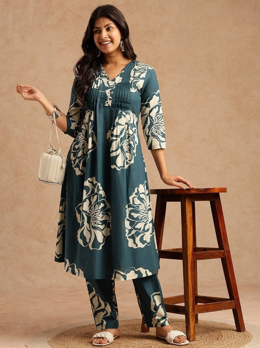 Teal Floral Printed Kurta Set for Women
