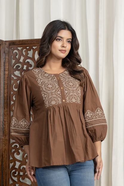 Brown Embroidered Cotton Peplum Top for Women