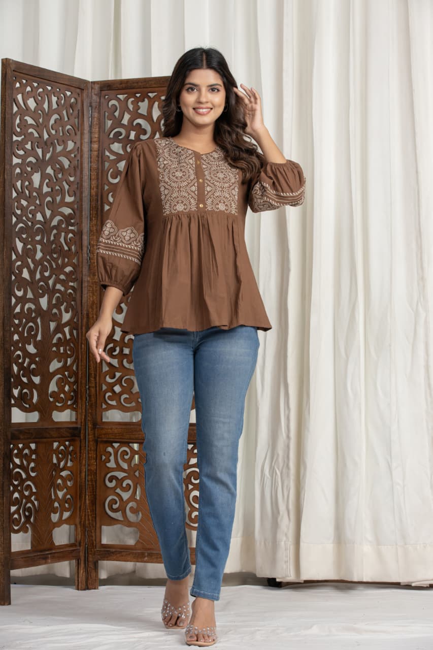 Brown Embroidered Cotton Peplum Top for Women