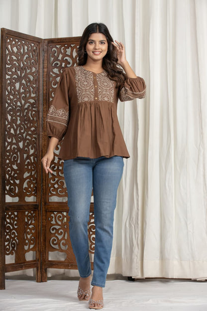 Brown Embroidered Cotton Peplum Top for Women