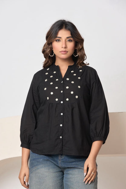 Women’s Solid Rust Button-Down Top with Embroidery