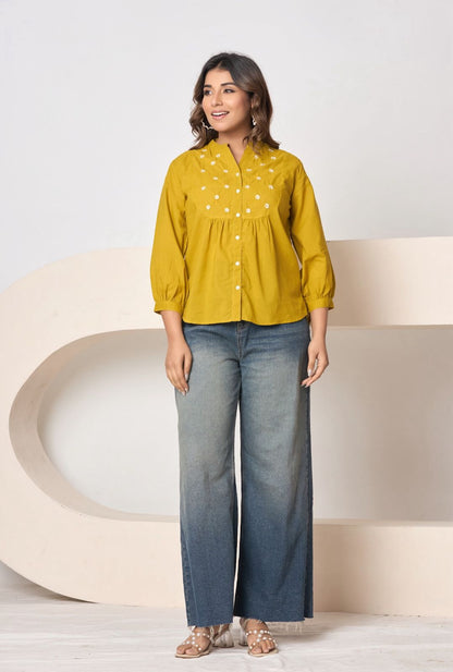 Women’s Solid Rust Button-Down Top with Embroidery