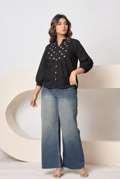 Women’s Solid Rust Button-Down Top with Embroidery