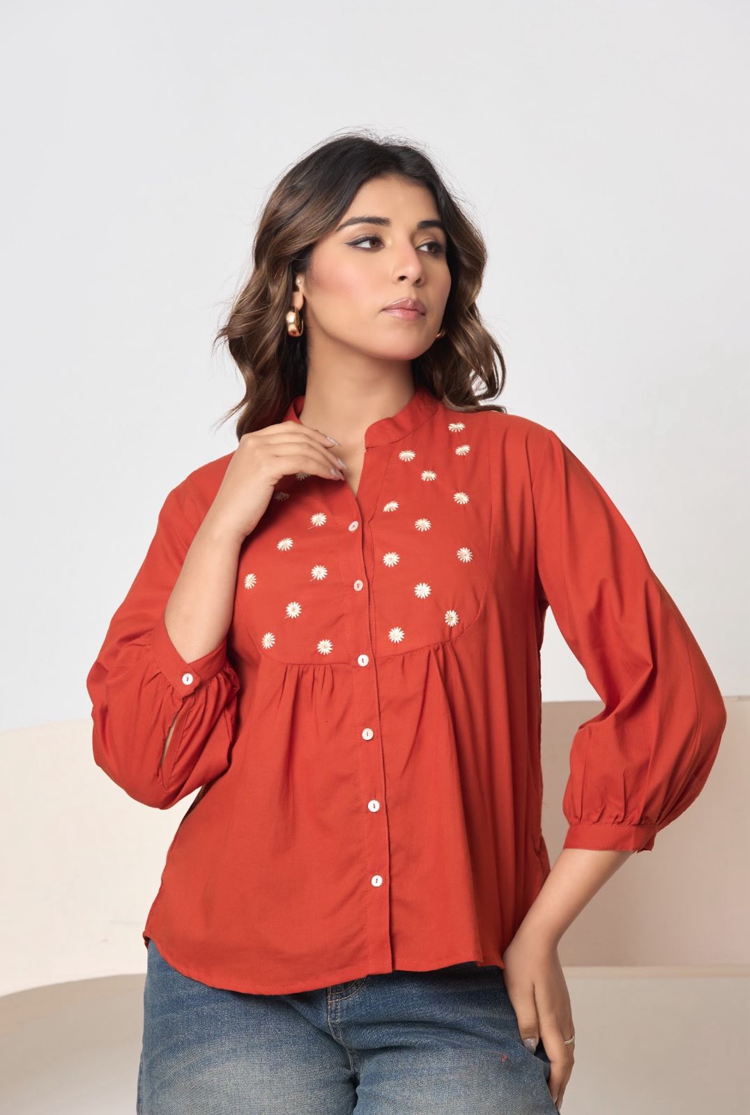Women’s Solid Rust Button-Down Top with Embroidery