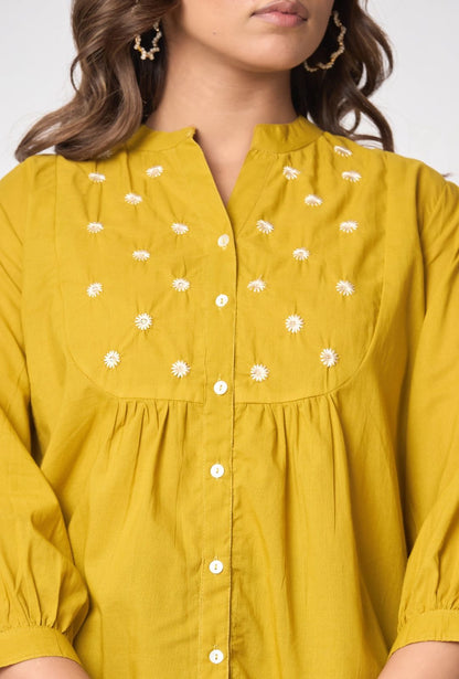 Women’s Solid Rust Button-Down Top with Embroidery