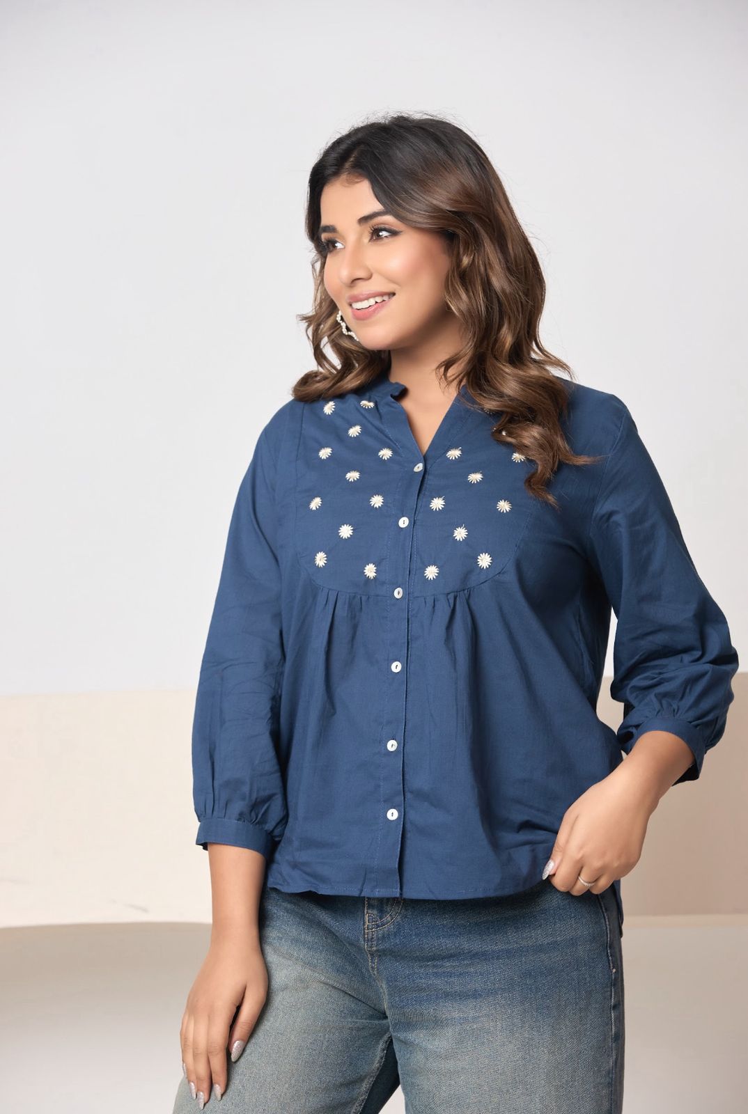 Women’s Solid Rust Button-Down Top with Embroidery