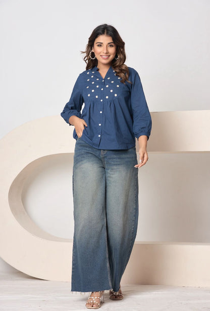 Women’s Solid Rust Button-Down Top with Embroidery