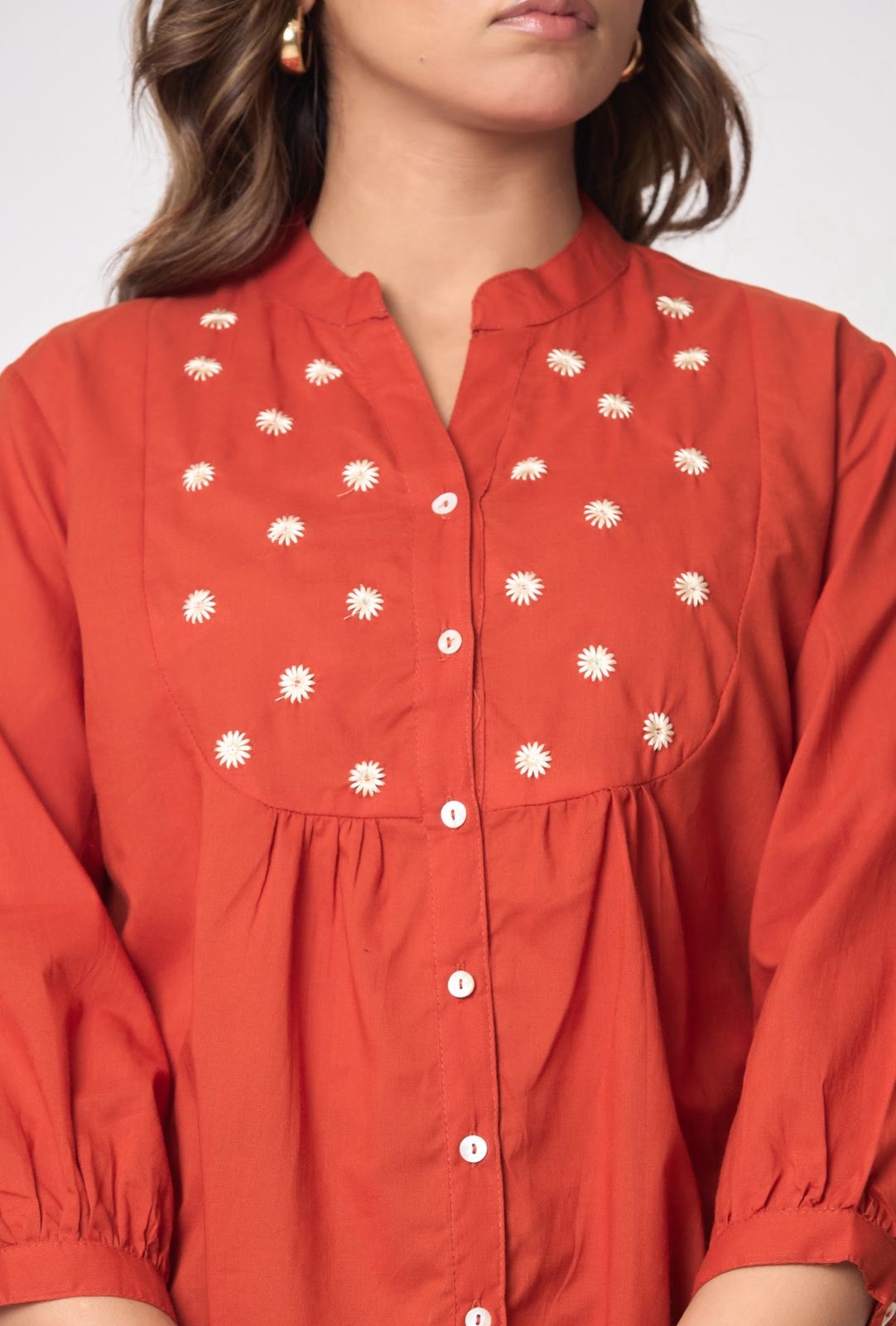 Women’s Solid Rust Button-Down Top with Embroidery
