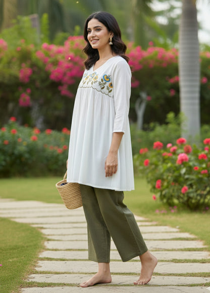 Women’s White Embroidered A-Line Kurti Top pent