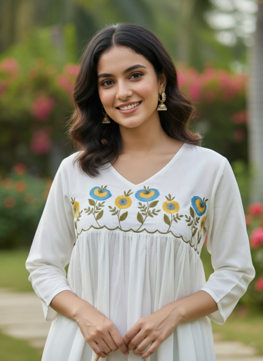 Women’s White Embroidered A-Line Kurti Top pent