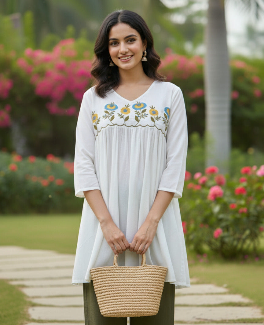 Women’s White Embroidered A-Line Kurti Top pent