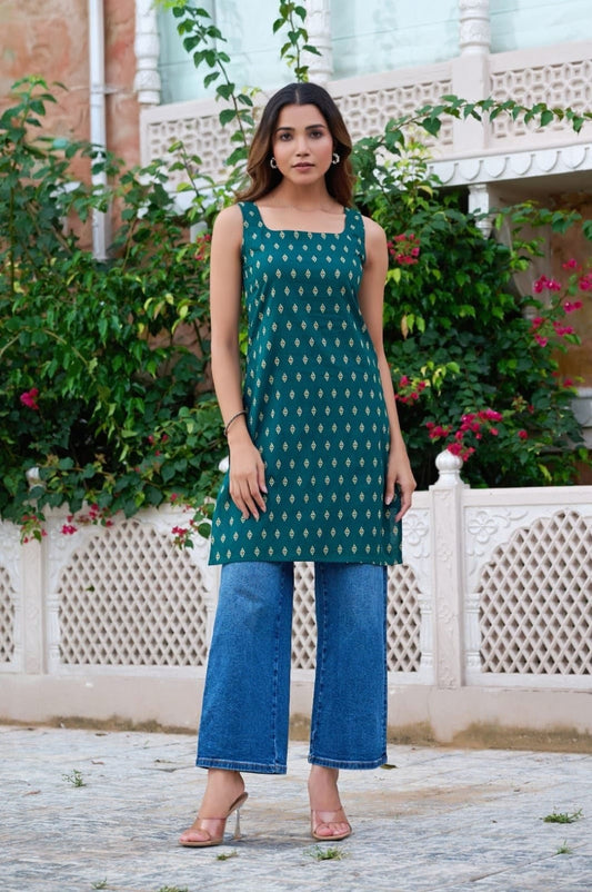 Women’s  Printed Sleeveless Straight Kurti cotton Top