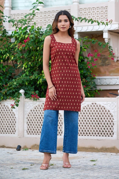 Women’s  Printed Sleeveless Straight Kurti cotton Top