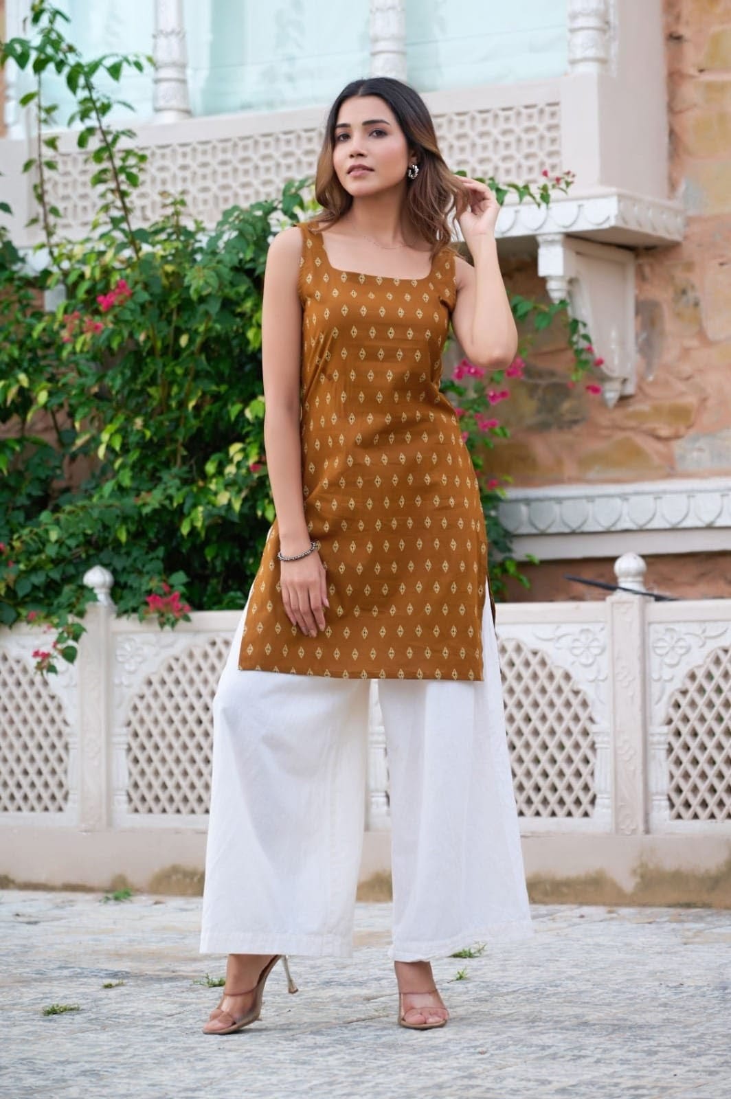 Women’s  Printed Sleeveless Straight Kurti cotton Top