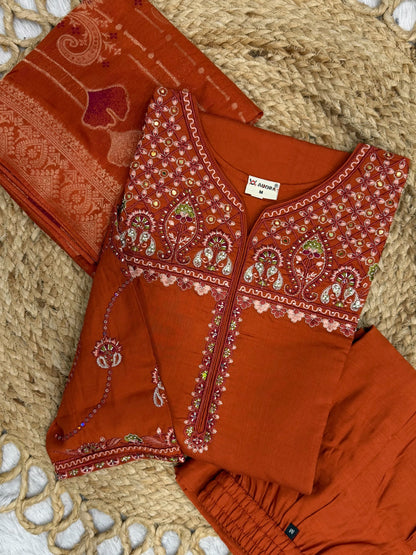 Elegant Viscose Mango Silk Embroidered Kurti Plazo Set with Dupatta