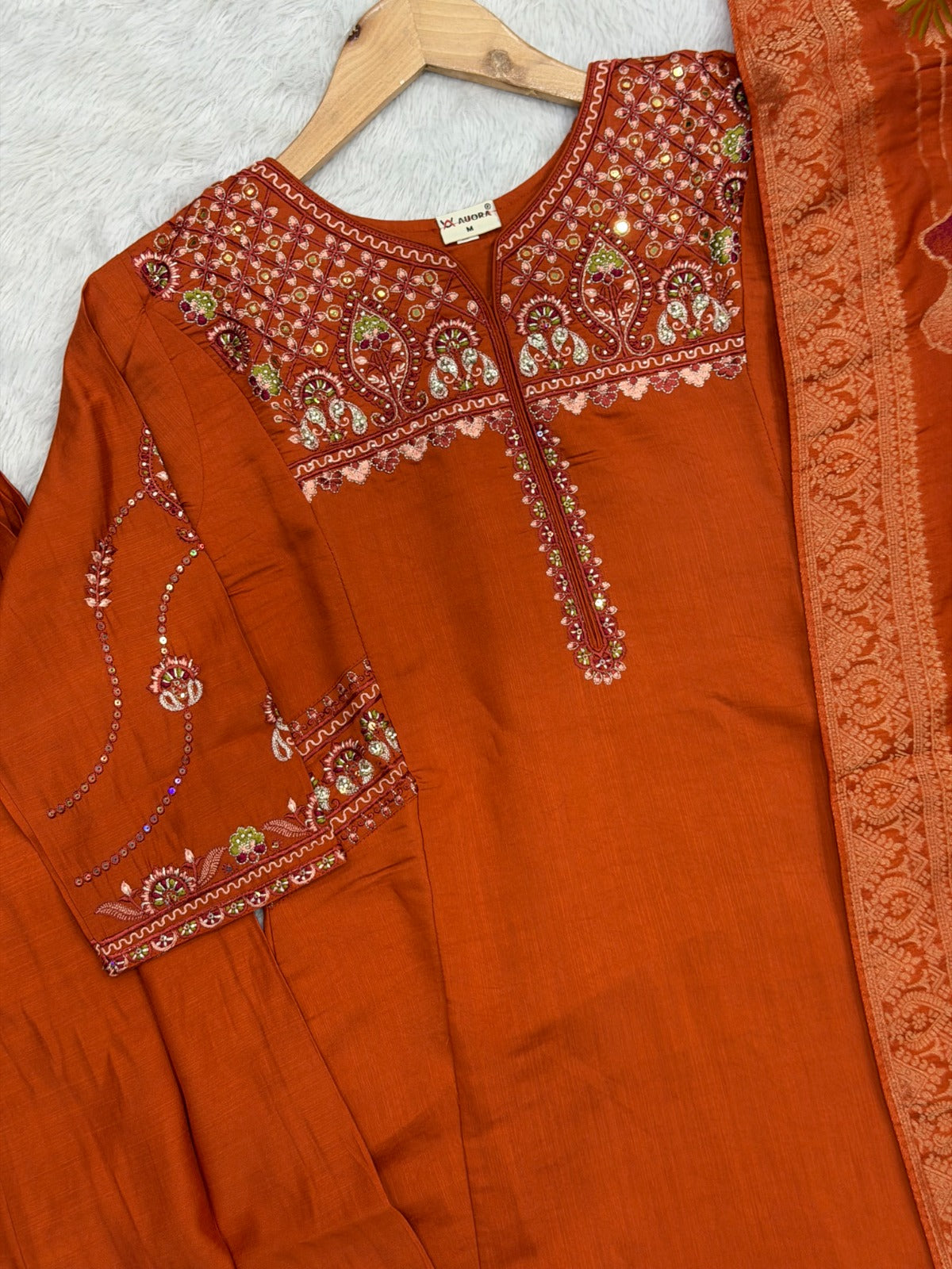 Elegant Viscose Mango Silk Embroidered Kurti Plazo Set with Dupatta