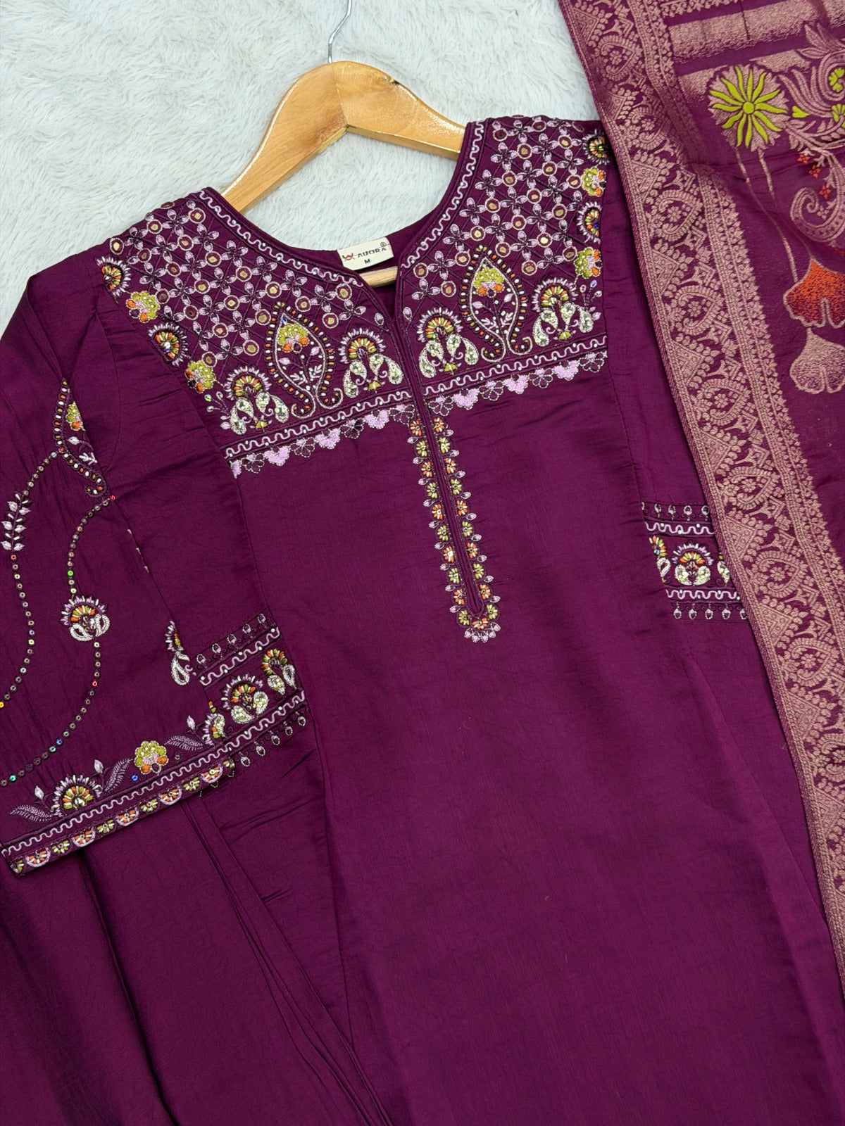 Elegant Viscose Mango Silk Embroidered Kurti Plazo Set with Dupatta