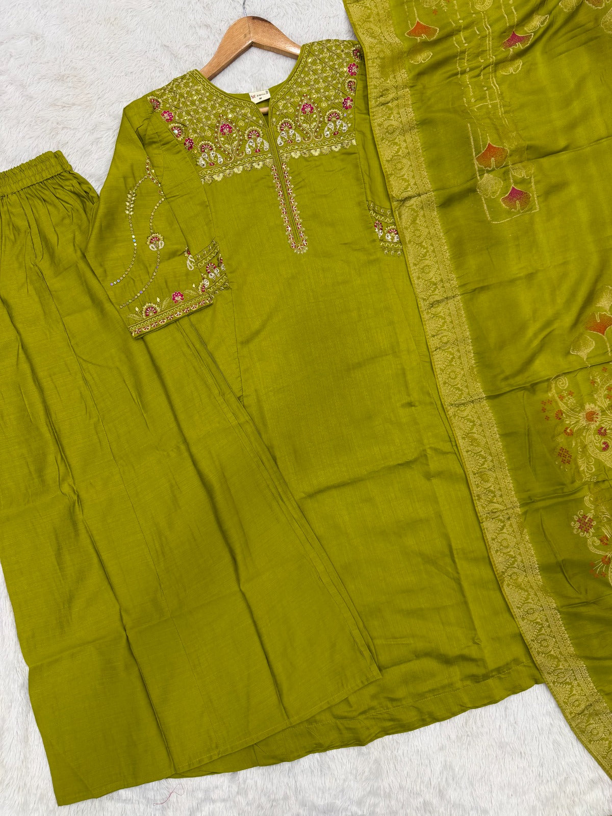 Elegant Viscose Mango Silk Embroidered Kurti Plazo Set with Dupatta