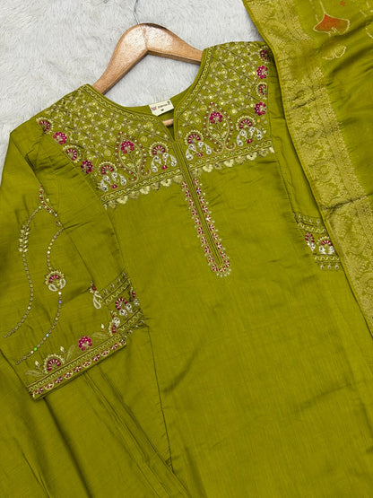 Elegant Viscose Mango Silk Embroidered Kurti Plazo Set with Dupatta