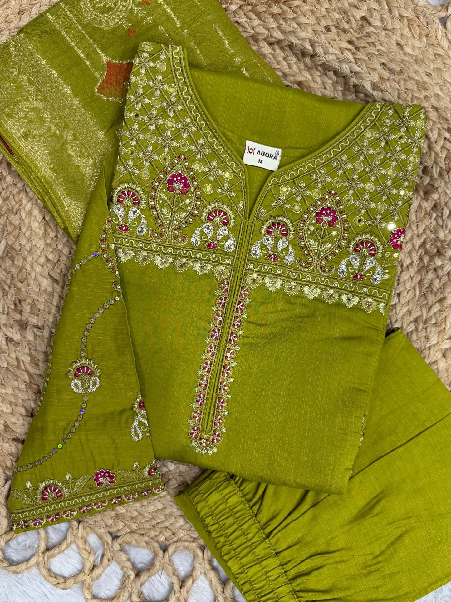 Elegant Viscose Mango Silk Embroidered Kurti Plazo Set with Dupatta