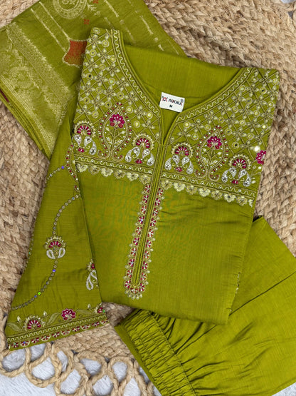 Elegant Viscose Mango Silk Embroidered Kurti Plazo Set with Dupatta