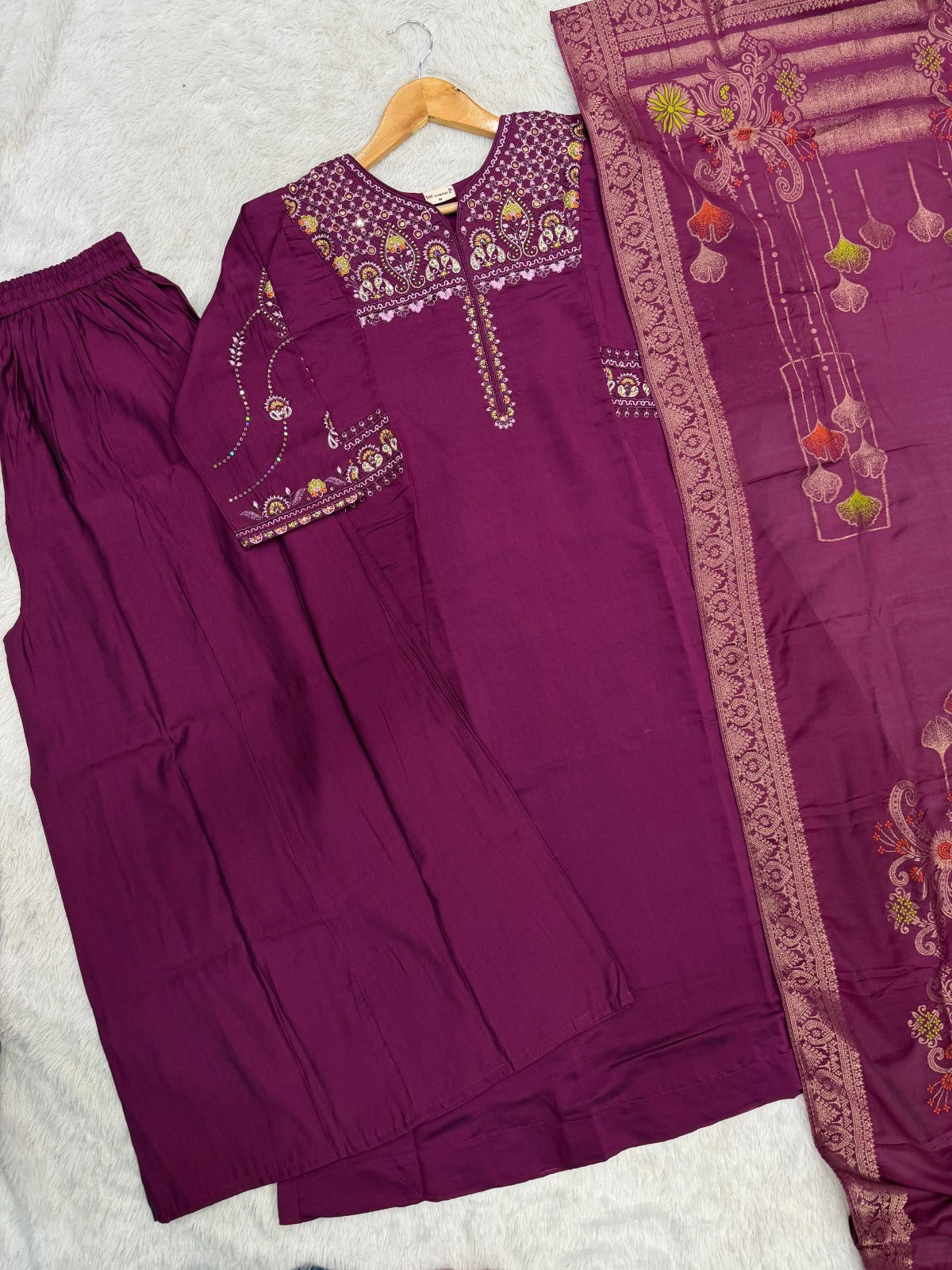 Elegant Viscose Mango Silk Embroidered Kurti Plazo Set with Dupatta