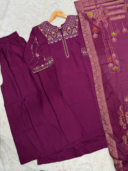 Elegant Viscose Mango Silk Embroidered Kurti Plazo Set with Dupatta
