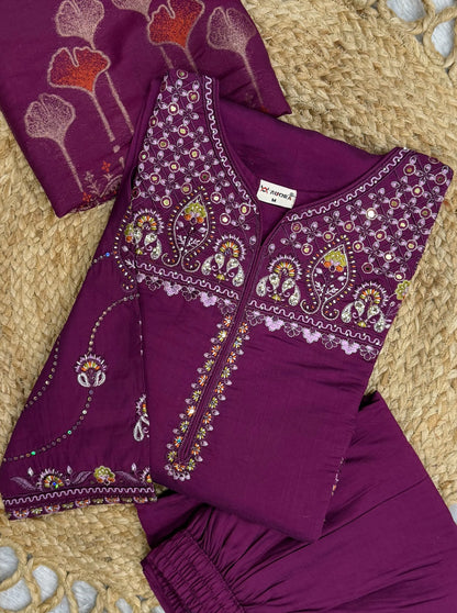 Elegant Viscose Mango Silk Embroidered Kurti Plazo Set with Dupatta