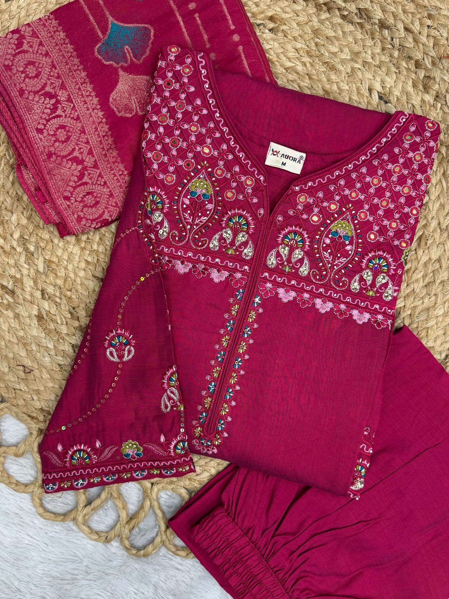 Elegant Viscose Mango Silk Embroidered Kurti Plazo Set with Dupatta