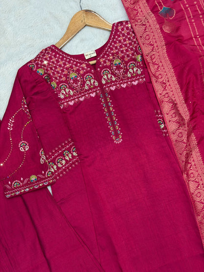 Elegant Viscose Mango Silk Embroidered Kurti Plazo Set with Dupatta