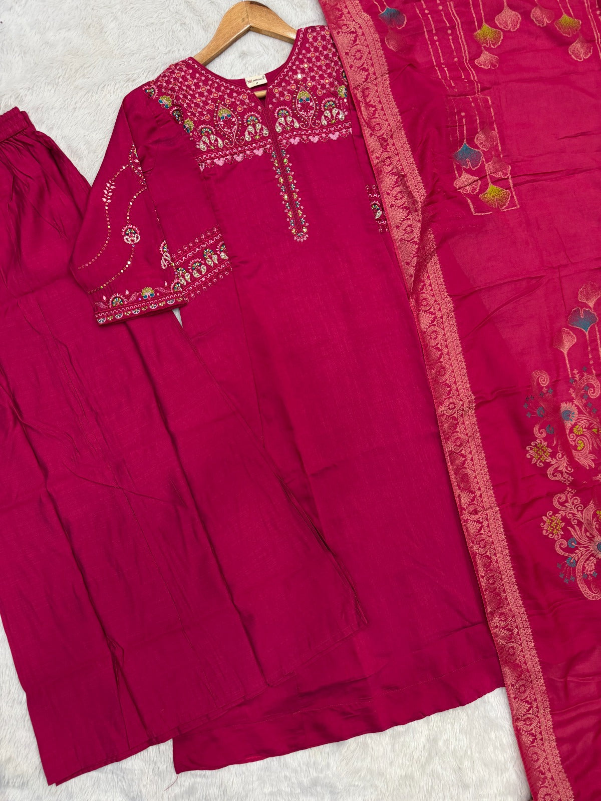 Elegant Viscose Mango Silk Embroidered Kurti Plazo Set with Dupatta